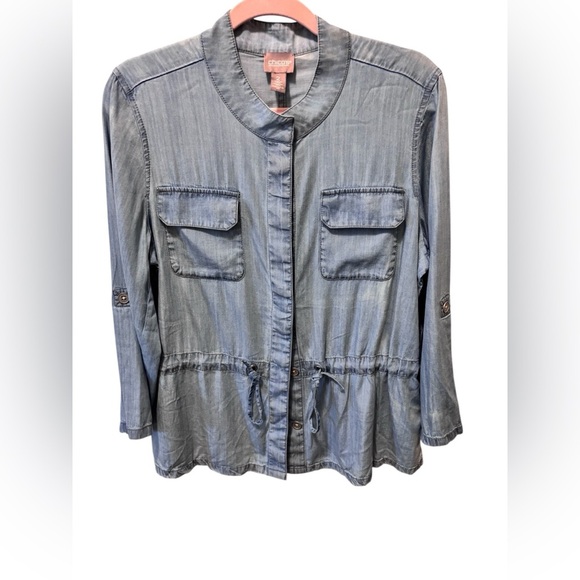 Chicos Chambray Tunic Top Sz 2/L Blue Roll Tab Sleeve Drawstring Waist Stretch - Picture 1 of 8